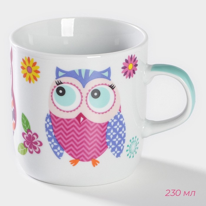 Набор детской посуды из керамики Доляна &laquo;Совушки&raquo;, 3 предмета: кружка 230 мл, миска 400 мл, тарелка d=18 см, цвет белый