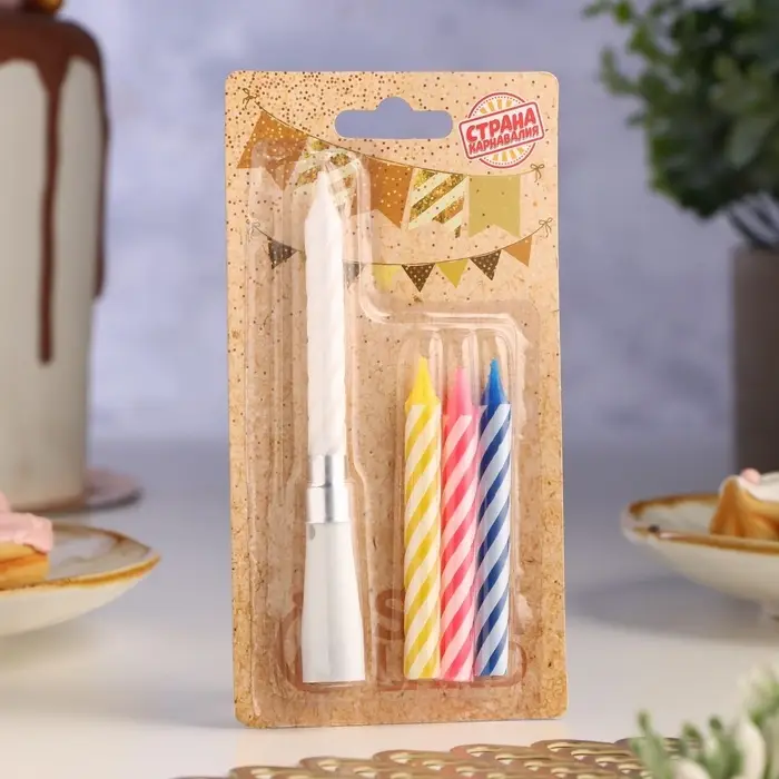 Свечи для торта &laquo;Яркая полоска&raquo;, 7 см, набор 3 витых и музыкальная