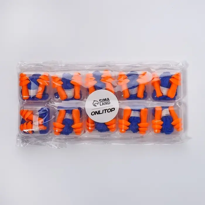 Беруши на шнурке, 3&times;1.7 см, в футляре, фасовка 10 пар, силиконовые, оранжевые