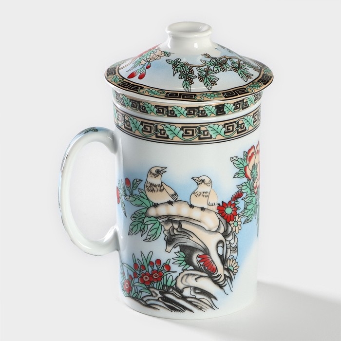 Кружка керамическая с крышкой и ситом &laquo;Птицы в пионах&raquo;, 300 мл