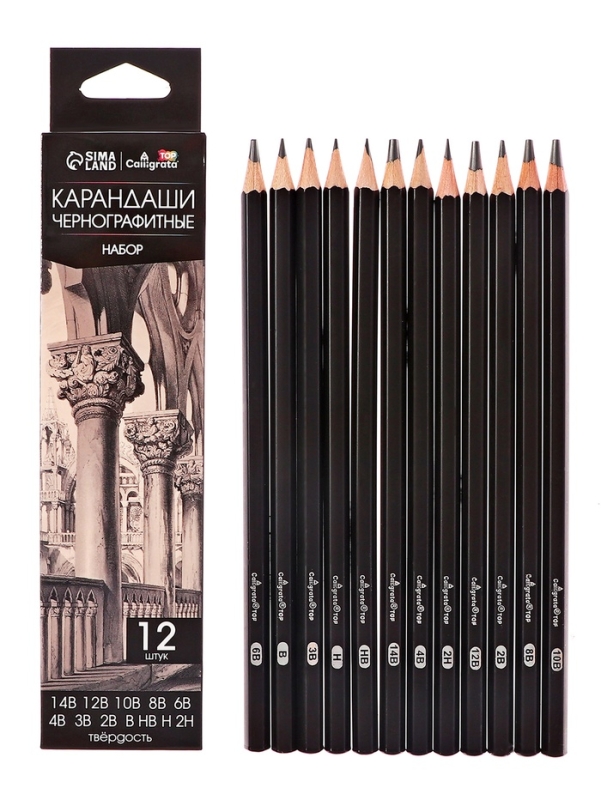 Набор карандашей чернографитных 12 штук (14В, 12В, 10В, 8В, 6В, 4В, 3В, 2В, В, НВ, Н, 2Н) Набор карандашей чернографитных 12 штук (14В, 12В, 10В, 8В, 6В, 4В, 3В, 2В, В, НВ, Н, 2Н)