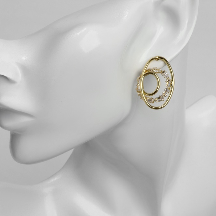 Серьги со стразами &laquo;Блум&raquo; тройной круг, белый в золоте
