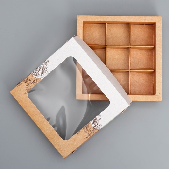 Коробка для конфет, кондитерская упаковка, 9 ячеек, &laquo;Ручная работа&raquo;, 14.7 х 14.7 х 3.5 см