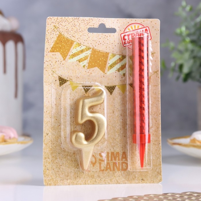 Свеча для торта цифра "5", "Овал + фонтан" золотая