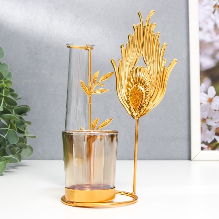 Подсвечник металл, стекло на 1 свечу с вазой "Золотое перо павлина" d-5 см, 7,5х12х17,5 см