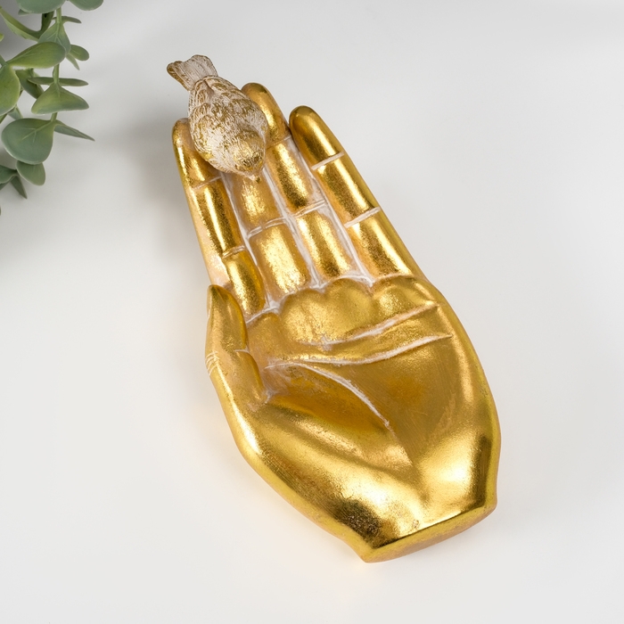 Подставка интерьерная полистоун Подставка интерьерная полистоун "Птичка на ладони" золото 19,5х9,3х9,5 см