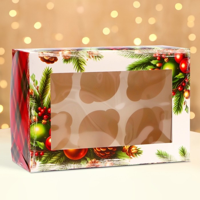 Новый год. Коробка для 6 капкейков с окном "Новогодняя с шишками", 25 х 17 х 10 см, упаковка