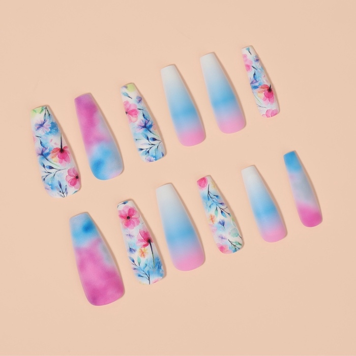 Ногти накладные с кл пластинами 12шт Море балерина голуб/роз/бел к/кор QF