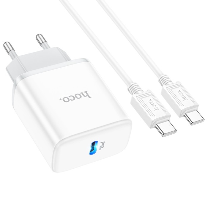 Сетевое зарядное устройство Hoco C104A, 1 Type-C, кабель Type-C - Type-C, 1 м, белое