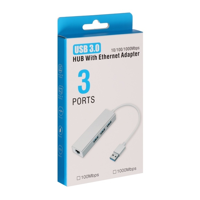USB-разветвитель (HUB), 3 порта, порт Ethernet, кабель 10 см, серебристый