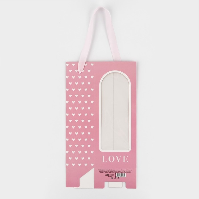 Пакет-переноска для цветов с пластиковым окном, Love, розовая, 30 х 12 х 8 см Пакет-переноска для цветов с пластиковым окном, Love, розовая, 30 х 12 х 8 см
