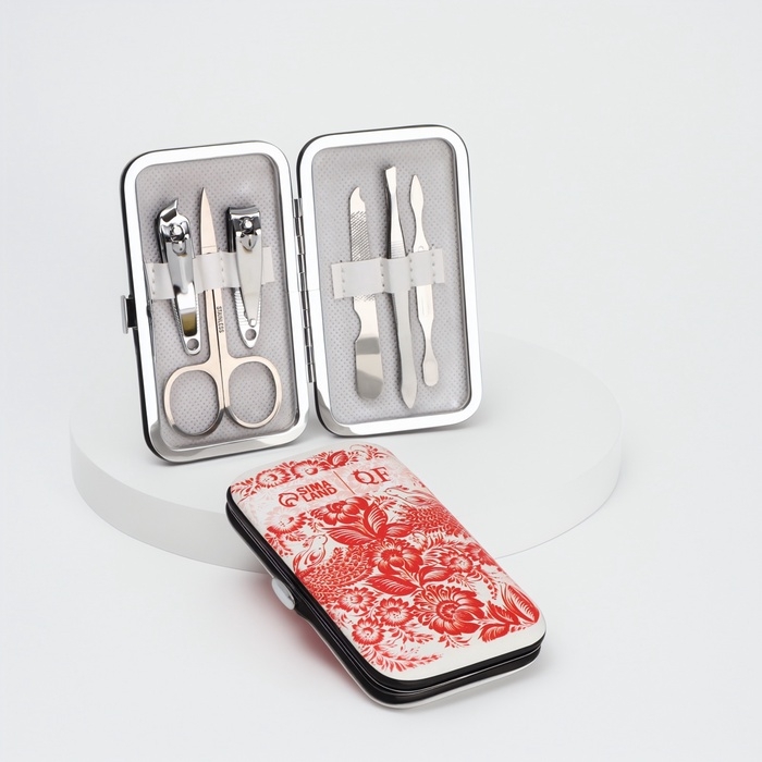 Набор маникюрный «Роспись», 6 предметов, в футляре, красный, белый Набор маникюрный «Роспись», 6 предметов, в футляре, красный, белый
