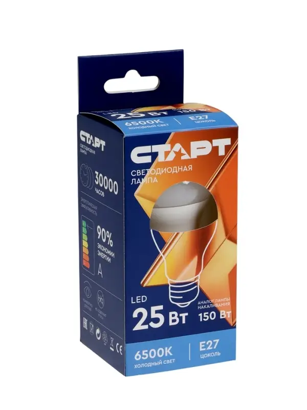 Лампа светодиодная СТАРТ, 20 Вт, Е27, А60, 6500К, 1600 Лм, холодный (белый) свет