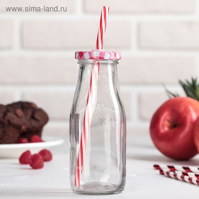 Бутыль стеклянная с крышкой и трубочкой &laquo;Лаконичность&raquo;, 300 мл, 6,5&times;15,5 см, цвет МИКС