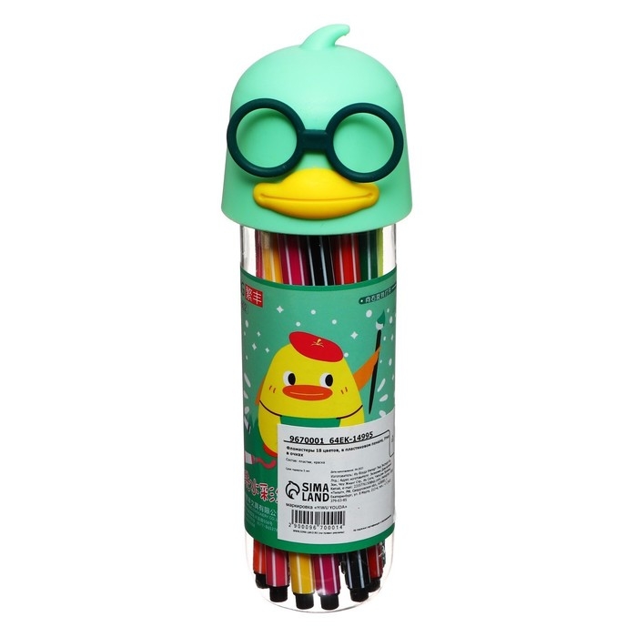 Фломастеры 18 цветов "Утка в очках", в пластиковом пенале, МИКС