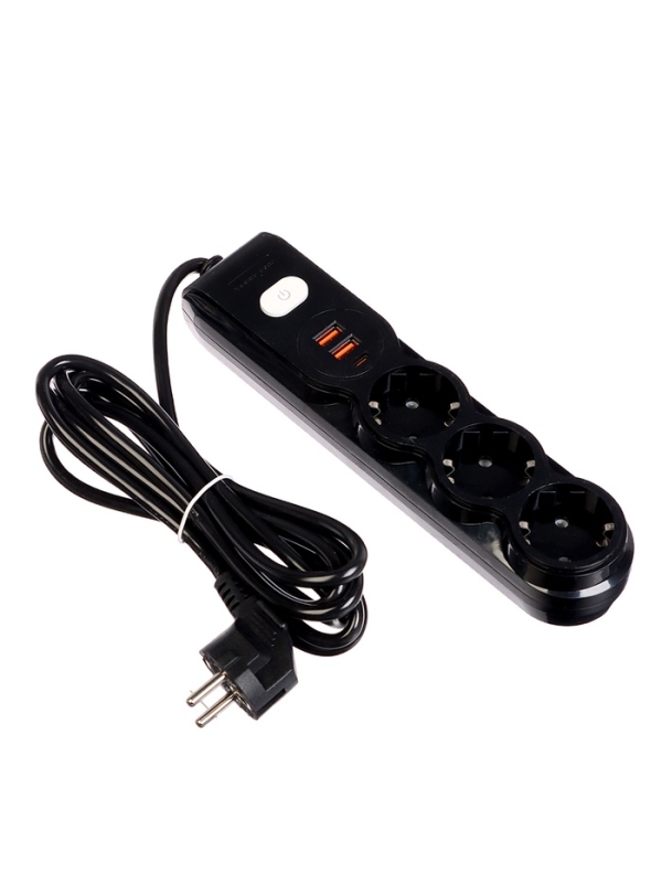 Удлинитель 3 розетки, 3м, 1300 Вт, 3х0.75 мм2, 2 USB-A+USB-C, 2.1А, с з/к, с выкл.