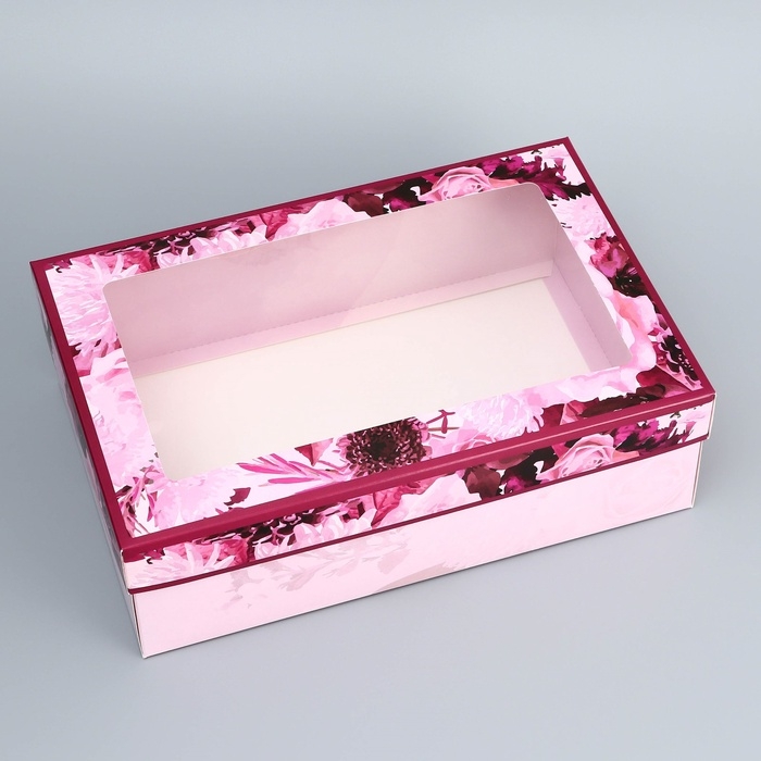 Коробка складная, крышка-дно, Коробка складная, крышка-дно, "Цветы", 30 х 20 х 9 см с окном