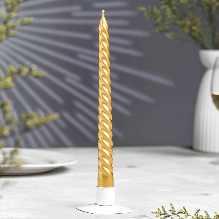 Свеча витая, 2,2х 25  см, лакированная в термопленке, золотой металлик
