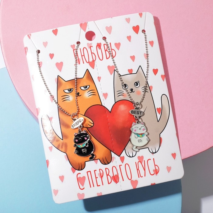 Кулоны &laquo;Неразлучники&raquo; котики пузатые, цвет чёрно-белый в серебре, 45 см