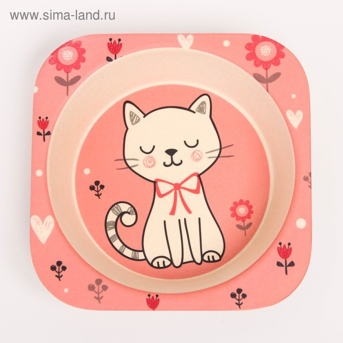 Набор детской бамбуковой посуды &laquo;Кошечка&raquo;, тарелка, миска, стакан, приборы, 5 предметов