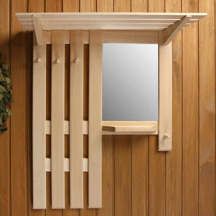 Полка вешалка с зеркалом, большая, 3 крючка Полка вешалка с зеркалом, большая, 3 крючка