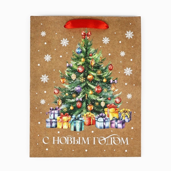 Пакет подарочный новогодний крафтовый вертикальный &laquo;С Новым годом&raquo;, ёлка, MS 18 х 23 х 10 см, Новый год