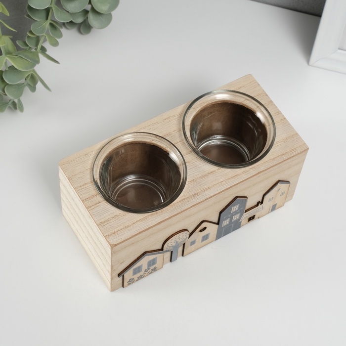 Подсвечник дерево на 2 свечи Подсвечник дерево на 2 свечи "Домики" d=4 см 7,7х15,5х8 см