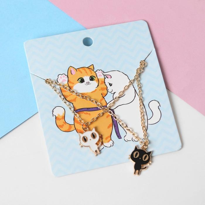 Кулоны &laquo;Неразлучники&raquo; котики, цвет чёрно-белый в золоте, 45 см