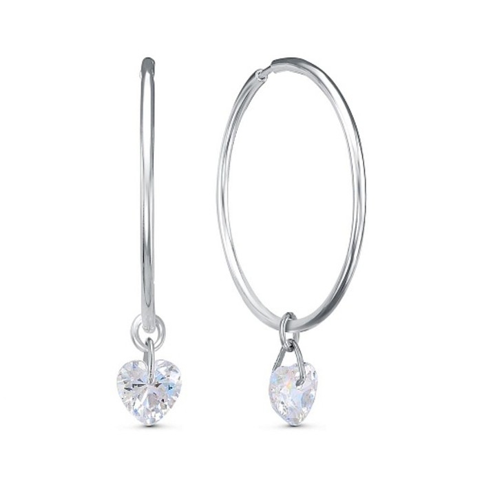 Серьги-кольца &laquo;Невесомость&raquo; сердце, посеребрение, цвет белый d=3,5