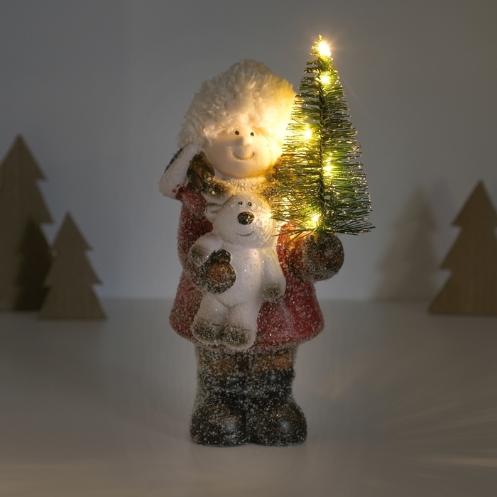 Сувенир керамика свет "Малышка в красном пальто, с ёлочкой и лосиком" 10,5х8,5х19 см