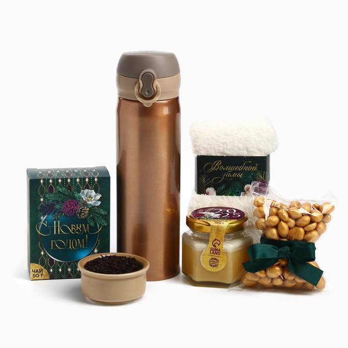 Подарочный набор &laquo;Веселья в новом году&raquo;: чай со вкусом тропические фрукты 50 г., крем-мед с черникой 120 г., носки р-р: 36&ndash;39, термос 500 мл.