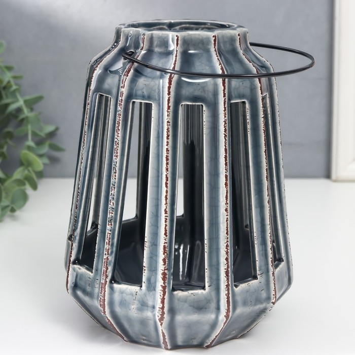 Подсвечник керамика на 1 свечу "Фонарь с вырезами" серый 19х14х14 см