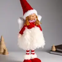 Кукла интерьерная "Ангелочек в меховой юбочке и красном колпаке" 15х9х45 см