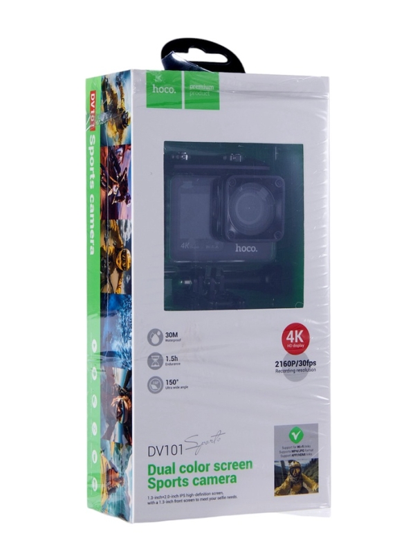 Экшн-камера Hoco, DV101, 4К видео,  два цветных экрана, черная