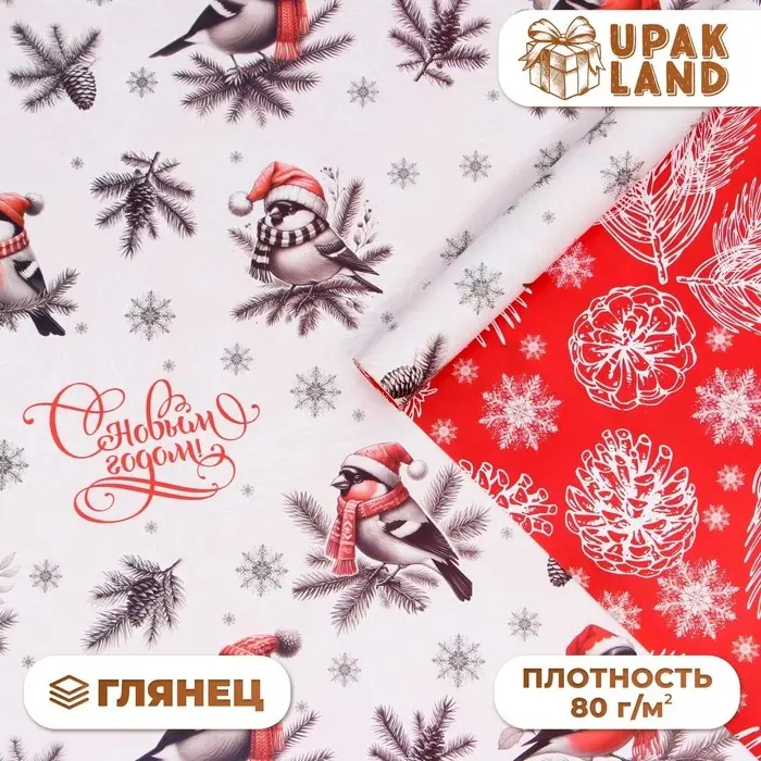 Бумага упаковочная &laquo;Снегири&raquo;, глянец, двусторонняя, 80 г/м&sup2; , 70&times;100 см