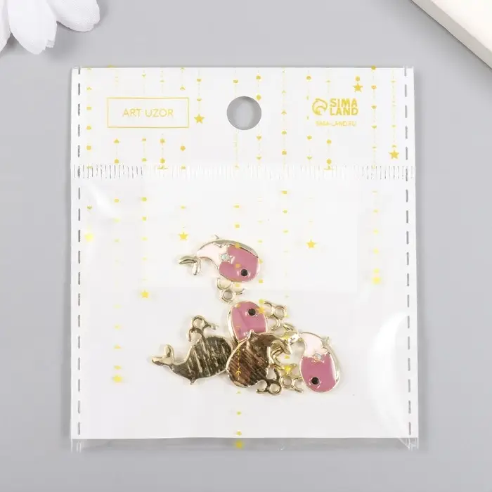 Декор для творчества металл, эмаль, страза "Кит с фонтаном" золото 2х1,4 см