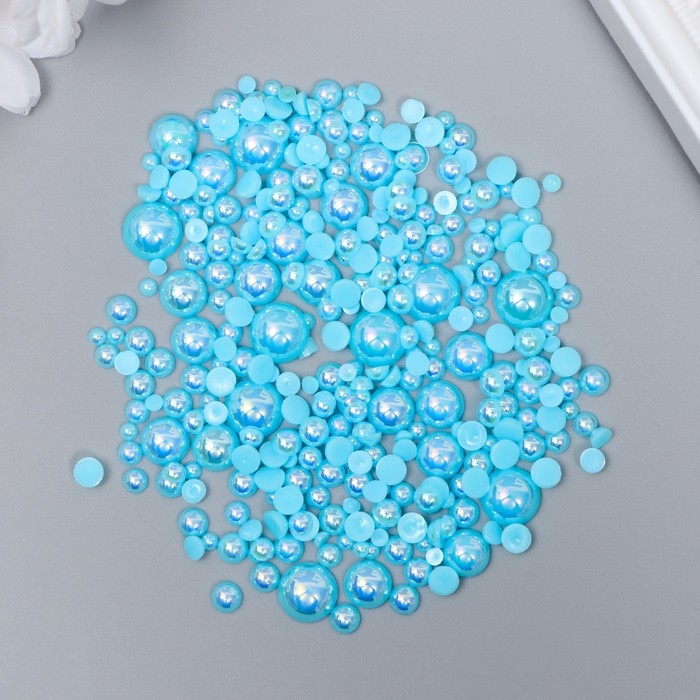 Декор для творчества пластик "Половинки бусин. Ярко-голубой перламутр" d=3-10мм, набор 10 гр