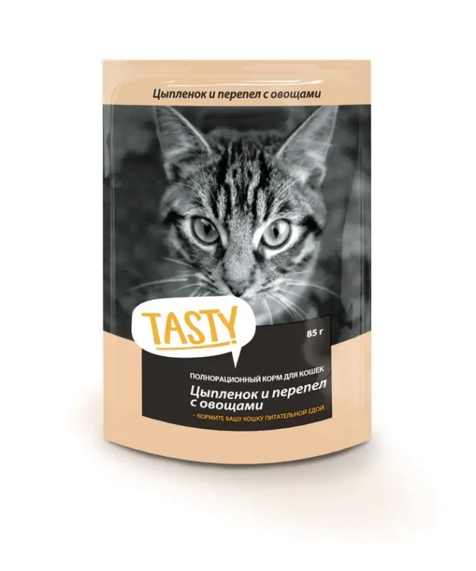 Tasty корм конс. д/кош. с цыпленком, перепелом и овощами в желе, пауч, 85 г