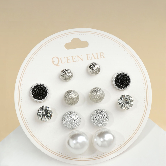 Пусеты 6 пар &laquo;Жемчужные&raquo; шары, цвет чёрно-белый в серебре