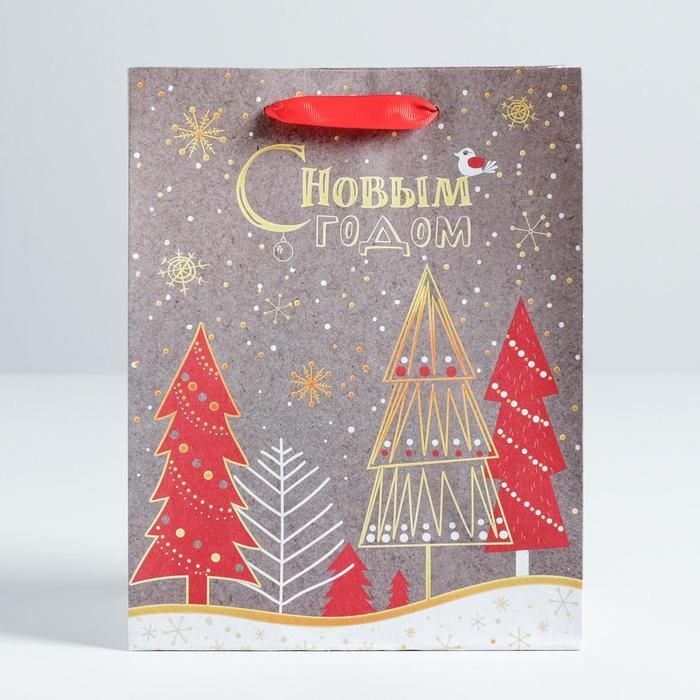 Пакет подарочный новогодний крафтовый вертикальный &laquo;Новогодние ёлки&raquo;, 18 х 23 х 8 см, Новый год