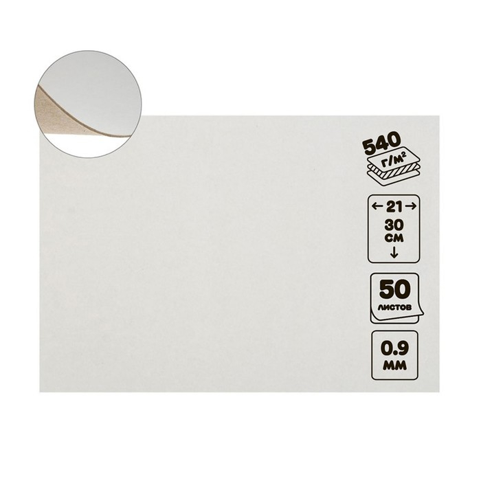 Картон переплётный 0.9 мм, 21 х 30, 50 листов, 540 г/м&sup2;, белый