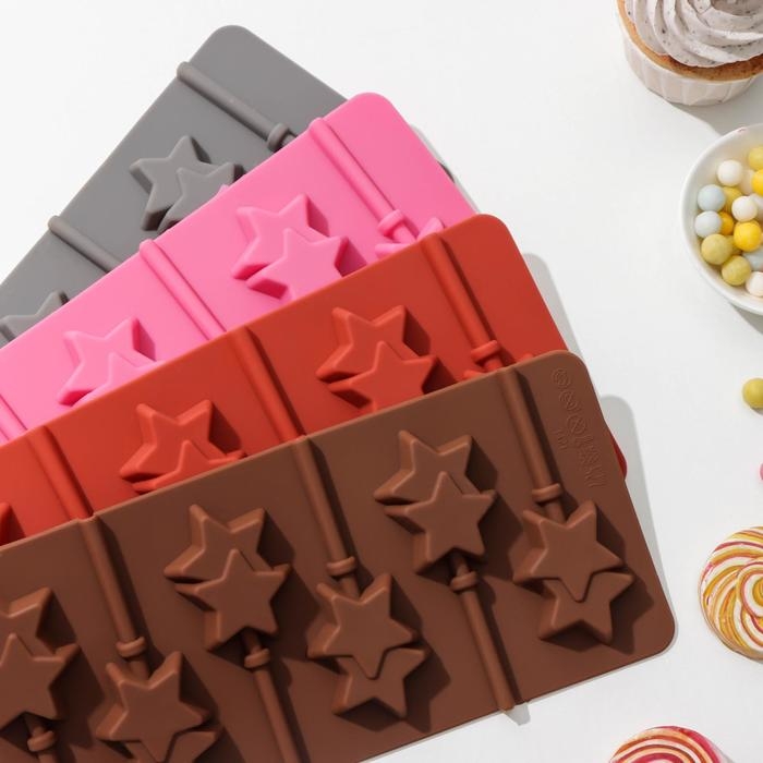 Форма для леденцов новогодний Доляна &laquo;Звёзды&raquo;, силикон, 24&times;11&times;1 см, 6 ячеек (5,2&times;4 см), с палочками, цвет МИКС