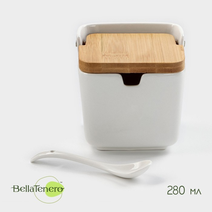 Банка для хранения сыпучих продуктов с ложкой BellaTenero, 280 мл, 9&times;9,5 см, с бамбуковой крышкой, фарфоровая, цвет белый