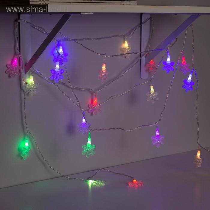 Гирлянда &laquo;Нить&raquo; 5 м с насадками &laquo;Снежинки&raquo;, IP20, прозрачная нить, 20 LED, свечение мульти (RG/RB), мигание, 220 В
