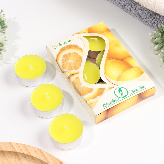 Набор чайных свечей ароматических "Лимон", 3,8х1,6 см, 3,5 ч, 12 г, 6 штук