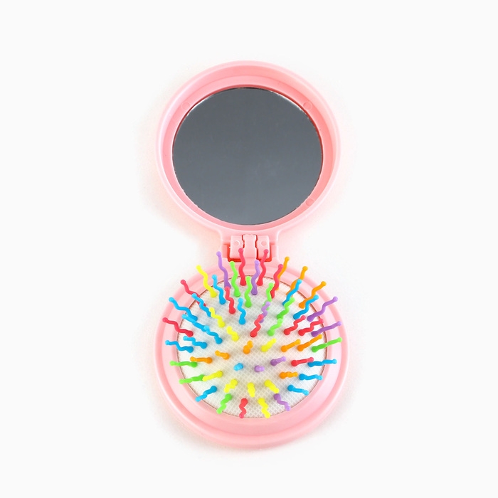 Расчёска массажная, складная, с зеркалом, 6 &times; 6 х 3 см, цвет розовый МИКС