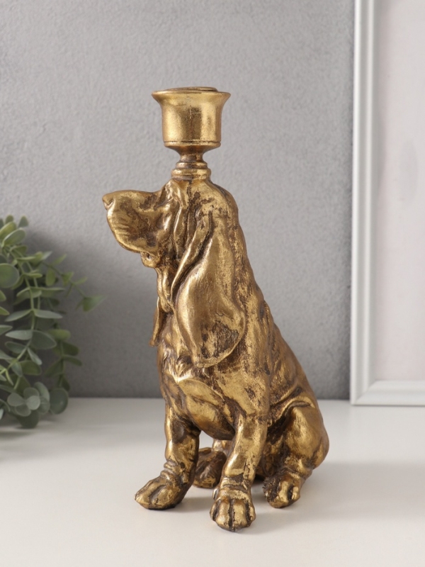 Подсвечник полистоун на 1 свечу "Спаниель" золото 14,5х9х24 см
