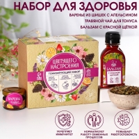 Набор &laquo;Цветущего настроение&raquo;: чай травяной 20г., бальзам с красной щёткой 100 мл., варенье из шишек и апельсина 30 г.