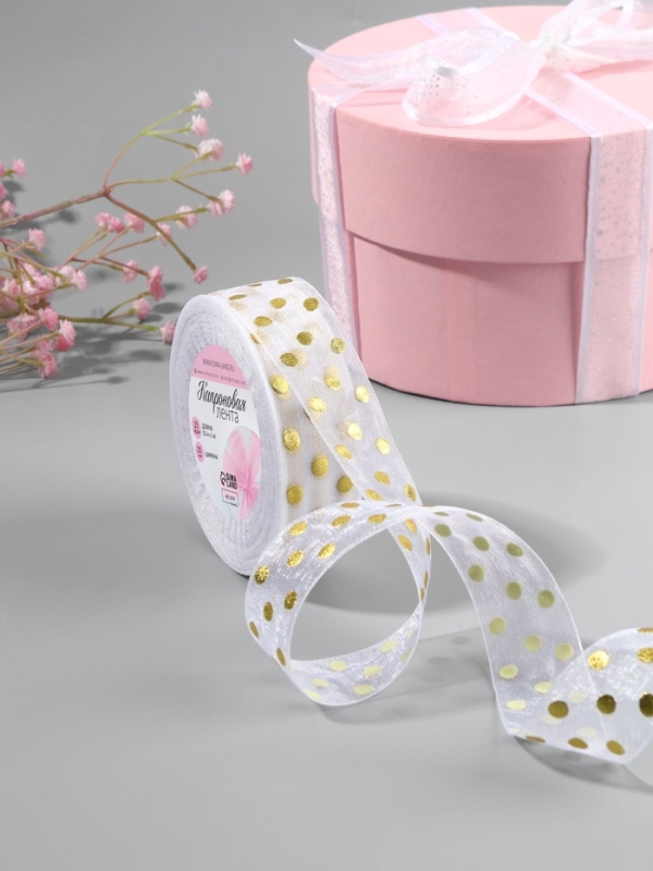 Лента капроновая с тиснением &laquo;Горох&raquo;, 25 мм, 22 &plusmn; 1 м, цвет белый/золотой