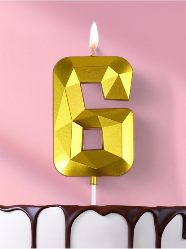 Свеча ГИГАНТ в торт на шпажке &laquo;Грань&raquo;, цифра "6", золотая, 9 см